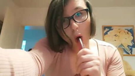 Teen Amateur Tranny Anallisa alone at home - she sucks dildo, lick her cum and fucks her pussy with no mercy while looking cute and screamig loud all over the house - shes wearing penis cage and uses some of her other toys