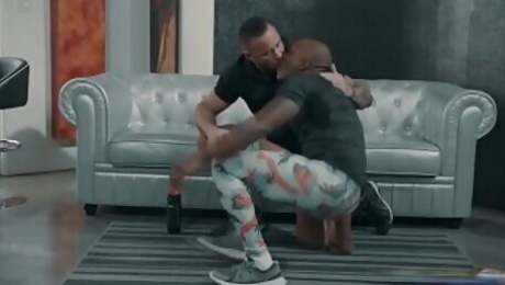 Black gym buddy teasing his white gay friend - interracial gay sex