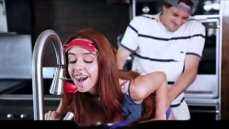 Cute Teen With Braces Gets Head Gear Stuck In Faucet Fucked By Boyfriend