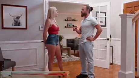 Blonde Sorority neighbor, Kay Lovely, fucks neighbor in his wifes lingerie