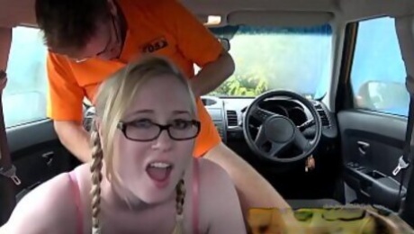 Fake Driving Creampie for teen leaner with hairy pussy