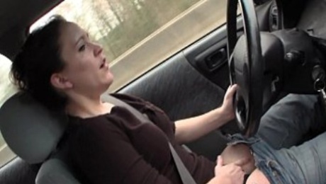 Sexy Lou driving and rubbing her wet pussy