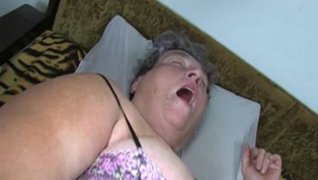 Old chubby mom teaches her chubby y. woman masturbating use dildo