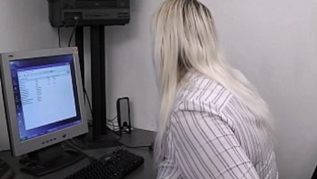 Blonde plumper takes it from behind in the office