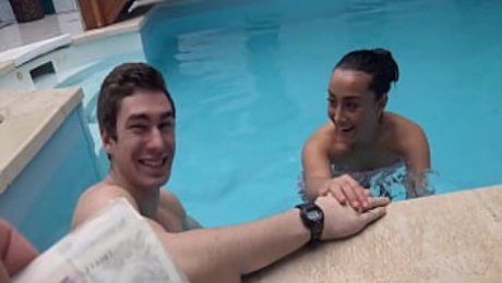 HUNT4K. Slim brunette has sex with stranger by the pool near her man