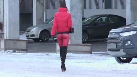 Red Tights. Jeny Smith public walking in tight seamless red pantyhose (no panties)