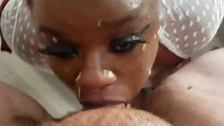 Pukegirl deepthroat vomits on BWC in shower ebony POV