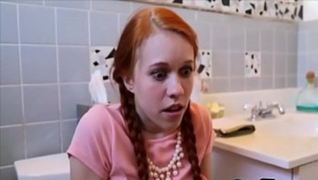 Tiny redhead stuck on the toilet then gets fucked hard