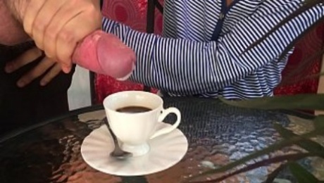 Stunning Girl does Blowjob, Cum in Coffee, Pee Play