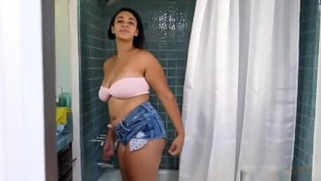 Black stepsister with big natural tits is about to step into the shower when she feels someone watching her