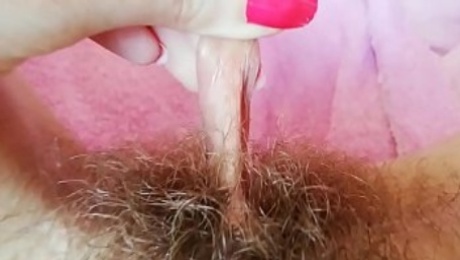 Hairy fetish video big clit hood pulling labia play and wet pussy fingering