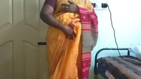 desi  indian horny tamil telugu kannada malayalam hindi cheating wife vanitha wearing orange colour saree  showing big boobs and shaved pussy press hard boobs press nip rubbing pussy masturbation