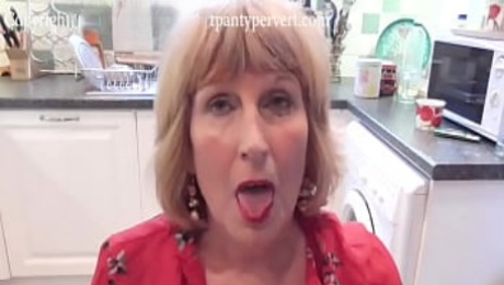 Amazing blowjob and facial from wife and mother Rosemary in the kitchen while the family is away.