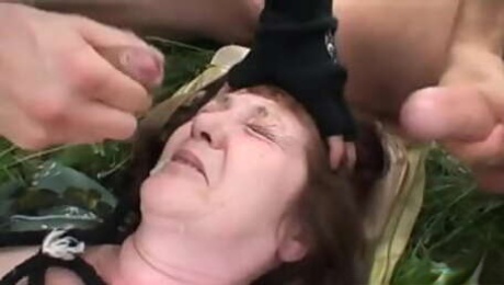 BBW gran restrained and fed cock