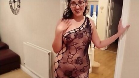 Sexy exhibitionist in black fishnet body stocking wants cream but gets fucked and oral creampie instead sloppy blowjob POV Indian