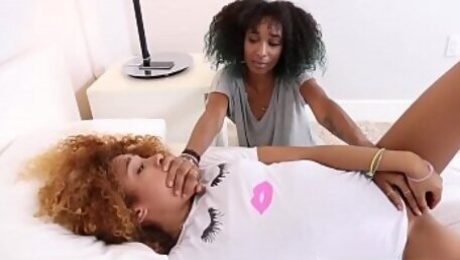 Ebony lesbian besties shared with a big white cock
