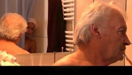 Black big boobs fucking old guy in shower after caught masturbating