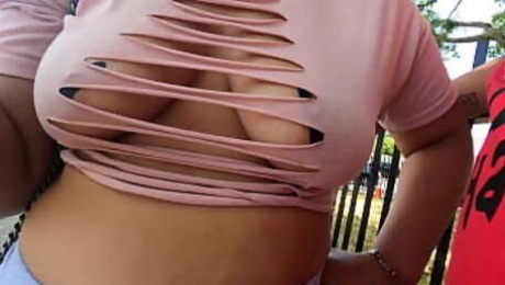 Wife with pasties cut up shirt and no bra in public