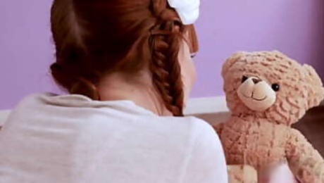 Redhead talks about her day with teddy bear before being fucked hard
