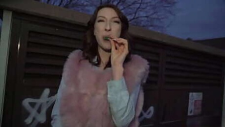 Public Agent Chanel Kiss lollipop sucker is taken from behind after giving a worldclass blowjob