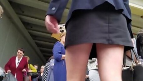 Public sexy blonde in white shoes upskirt