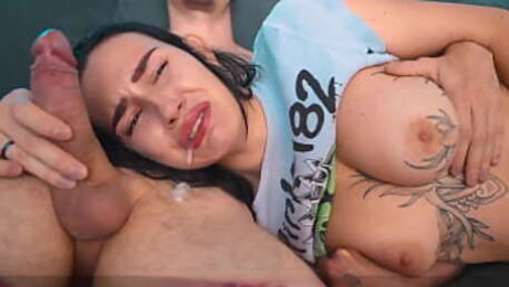 Step son put big cock and fuck step mom's mouth while TV show! Step mother hates oral creampie