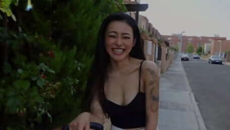 Inked Asian babe pulled into POV cockriding and outdoor sex