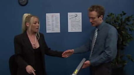 The office sex fantasy from the blonde milf with big tits and a shaved pussy finally gets fulfilled