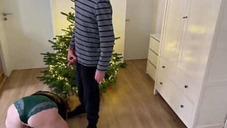 Mother-in-law bent over the Christmas tree doggy style and got hot cum on her ass