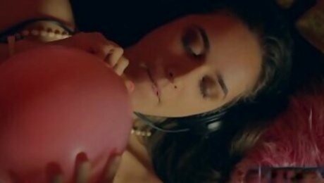 Close ups of puffy nippled milf masturbating hard on a balloon