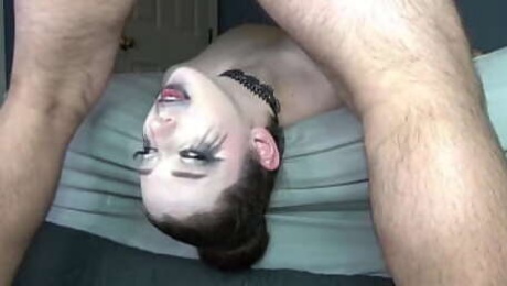 Big Titty Goth Babe with Sloppy Ruined Makeup & Black Lipstick Gets EXTREME Off the Bed Upside Down Facefuck with Balls Deep Slamming Throatpie