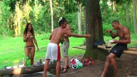 Euro bikini teens cocksucking in outdoor orgy