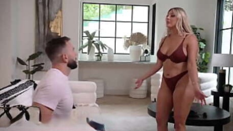 Busty blonde Kayley Gunner changes into bikinis in front of her friend's husband