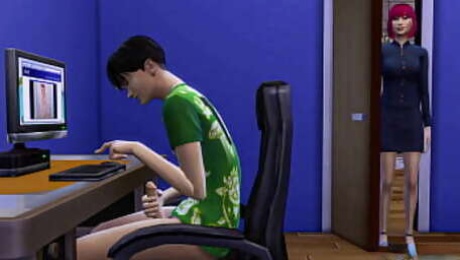 Japanese step-mom catches step-son masturbating in front of computer