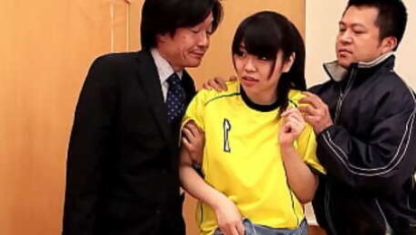 Shy Japanese Teen 18 seduce to Fuck after Sport by old two Teacher in Uncensored