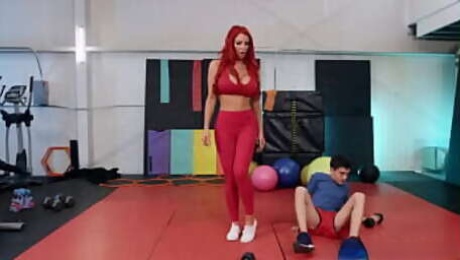 Busty ginger stepmom riding short guys cock in the gym