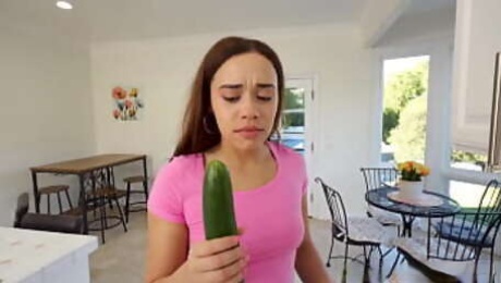 Stepdaughter sucks cucumber before blowing stepdad