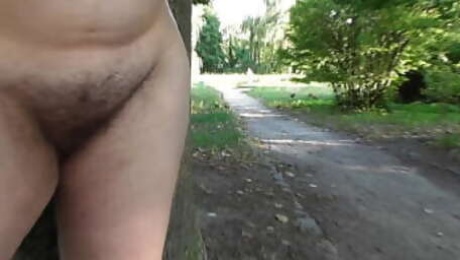 Hairy mature nude in public park