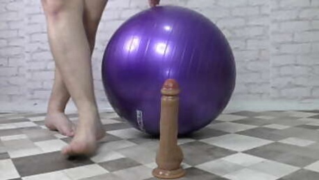 Thick wife with a huge boobs ride dildo with her shaved pussy using fitball - Milky Mari