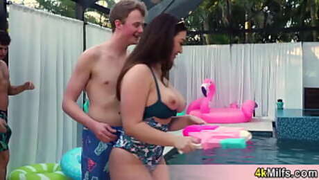Busty stepmom loves the new pool so we decided to give her the orgasm of her life via double fuck