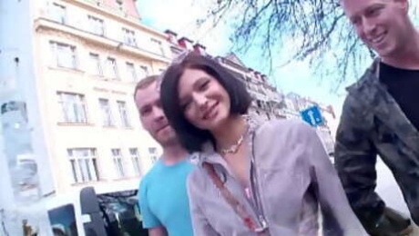 Ukrainian girl Lina Arian gets warmed up in a park and taken home by 3 guys for a gang