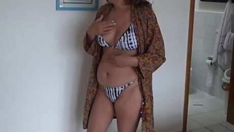 My wife shows herself in erotic lingerie and a bikini in front of my friends, real cuckold