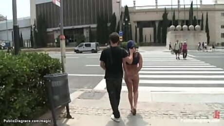 Bound redhead ass fucked in public