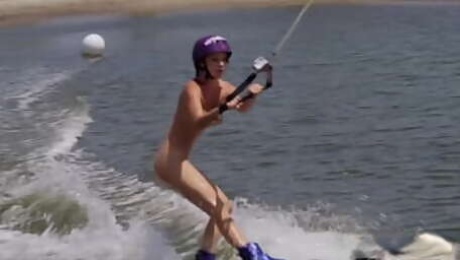 Big boobed badass naked babe Dani Mathers enjoying wake boarding