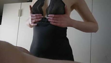 Milf in sexy lingerie with incredible boobs and perfect body gives sensual handjob to a bigcock