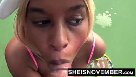 Im Sucking A Stranger Big Cock POV On The Public Tennis Court For Beating Me, Busty Ebony Whore Sheisnovember Giving A Blowjob With Her Large Natural Tits And Erect Nipples Out, ExposingWith Upskirt While Walking by Msnovember