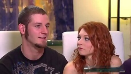 Ginger babe gets touched and masturbated by various swingers