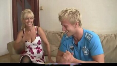 Blonde step mom and old step dad have fun with step son's girlfriend