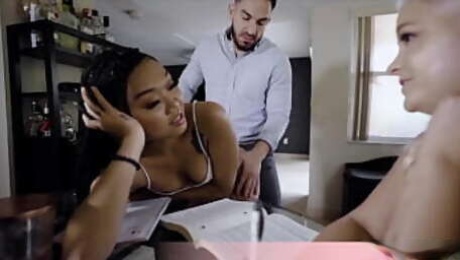 Beautiful Bella offering free pussy for her tutor Fortunately her GF also there to help them out