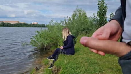 The exhibitionist man saw a lonely girl in nature and took out his dick in front of her and began to masturbate the dick in front unfamiliar beauty, he risks scaring her, but she likes to look at a big male dick and wants to see his cumshot